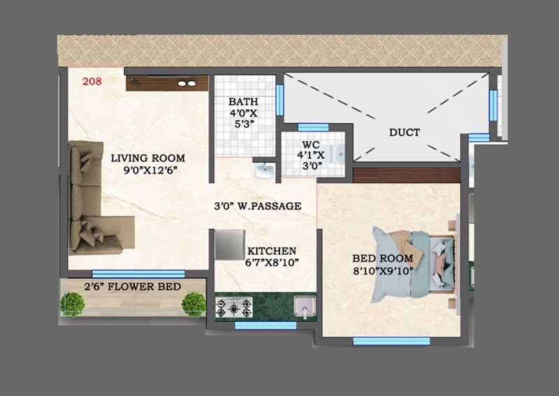 Floor plan of 1 BHK 346 Sq. Ft. Apartment in BRS Shree Sai Towers, Navi Mumbai