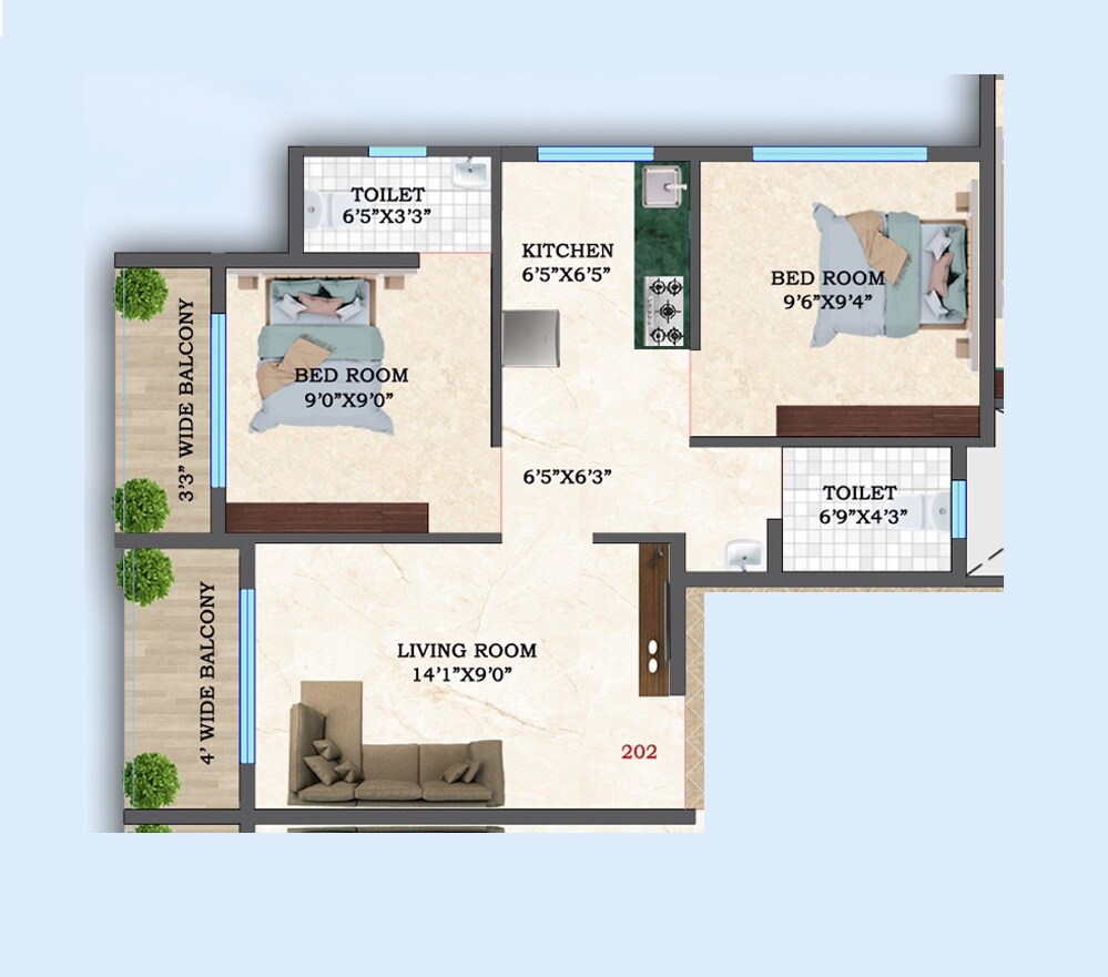 Floor plan of 2 BHK 438 Sq. Ft. Apartment in BRS Shree Sai Towers, Navi Mumbai