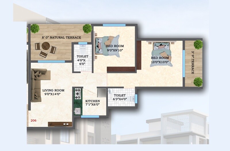 Floor plan of 2 BHK 458 Sq. Ft. Apartment in BRS Shree Sai Towers, Navi Mumbai