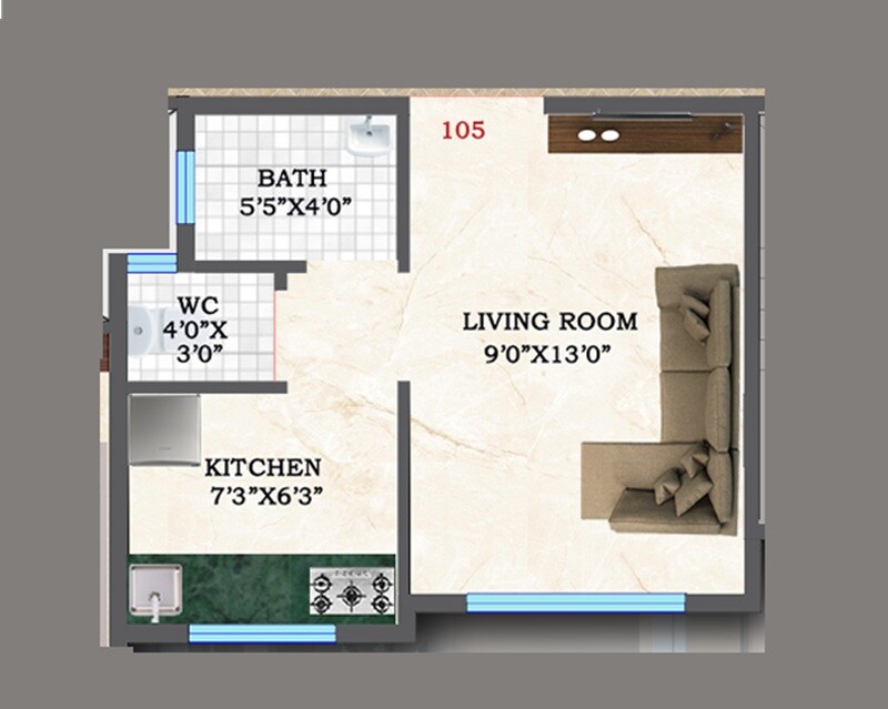 Floor plan of 237 Sq. Ft. Studio in BRS Shree Sai Towers, Navi Mumbai