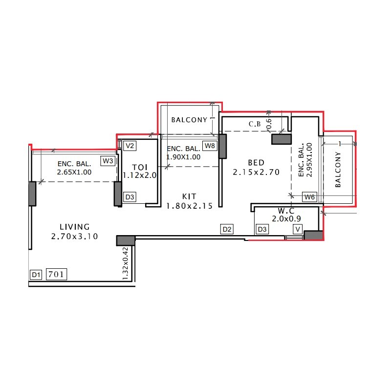 Floor plan of 1 BHK 268 Sq. Ft. Apartment in Central Enclave, Navi Mumbai
