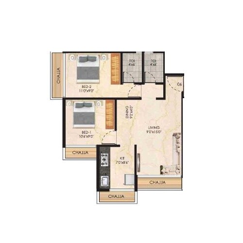 Floor plan of 2 BHK 499 Sq. Ft. Apartment in CG Riddhi Siddhi Apartments, Navi Mumbai