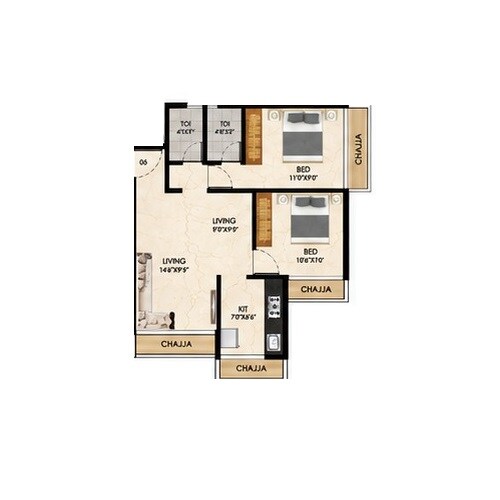 Floor plan of 2 BHK 525 Sq. Ft. Apartment in CG Riddhi Siddhi Apartments, Navi Mumbai