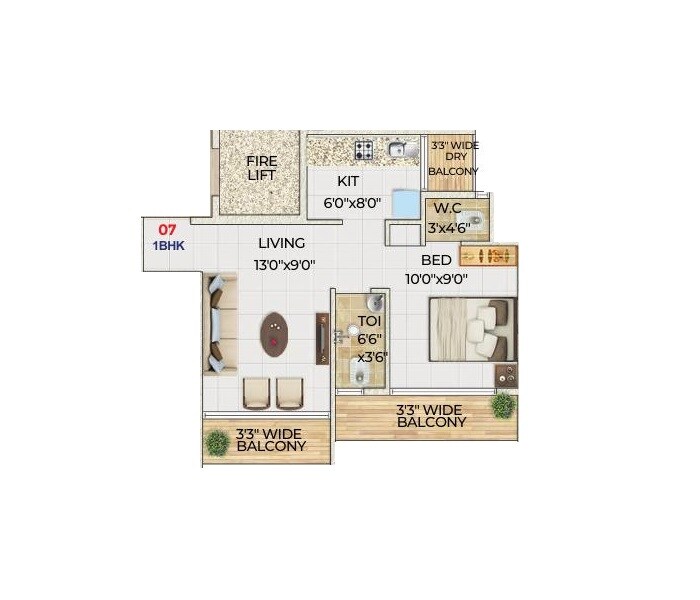 Floor plan of 1 BHK 296 Sq. Ft. Apartment in Chaitanya Hills, Navi Mumbai