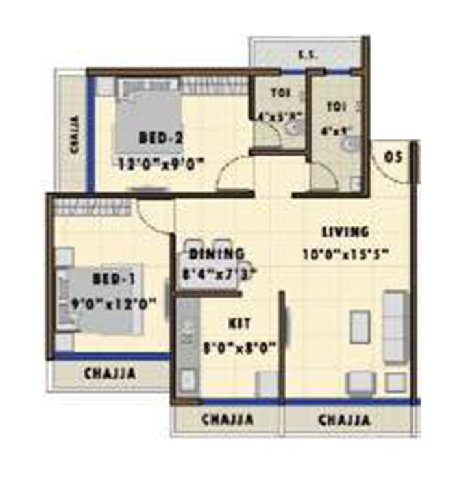 Floor plan of 2 BHK 577 Sq. Ft. Apartment in Chaitanya Prabhat, Navi Mumbai