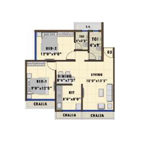 Floor plan of 2 BHK 603 Sq. Ft. Apartment in Chaitanya Prabhat, Navi Mumbai