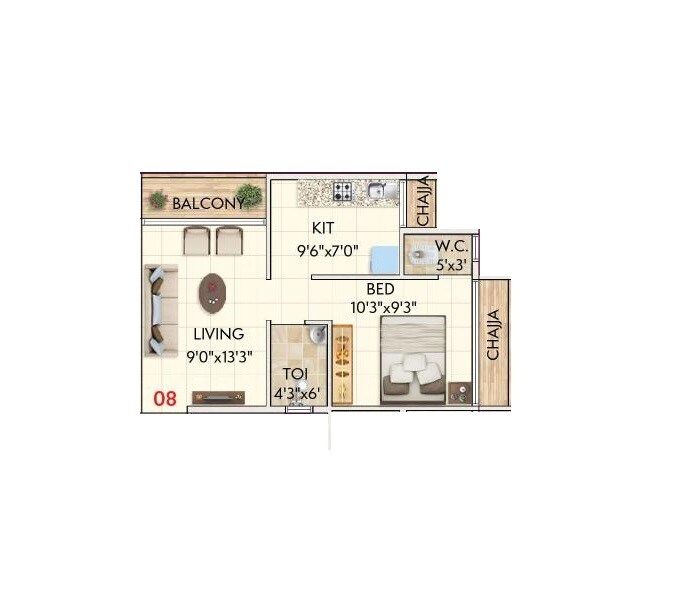 Floor plan of 1 BHK 323 Sq. Ft. Apartment in Chaitanya Pralhad, Navi Mumbai
