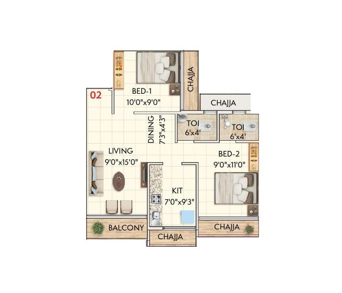 Floor plan of 2 BHK 517 Sq. Ft. Apartment in Chaitanya Pralhad, Navi Mumbai