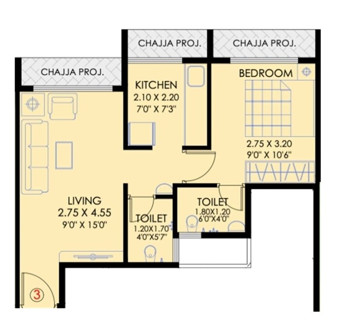 Floor plan of 1 BHK 359 Sq. Ft. Apartment in Chamunda Sai Vivant, Navi Mumbai