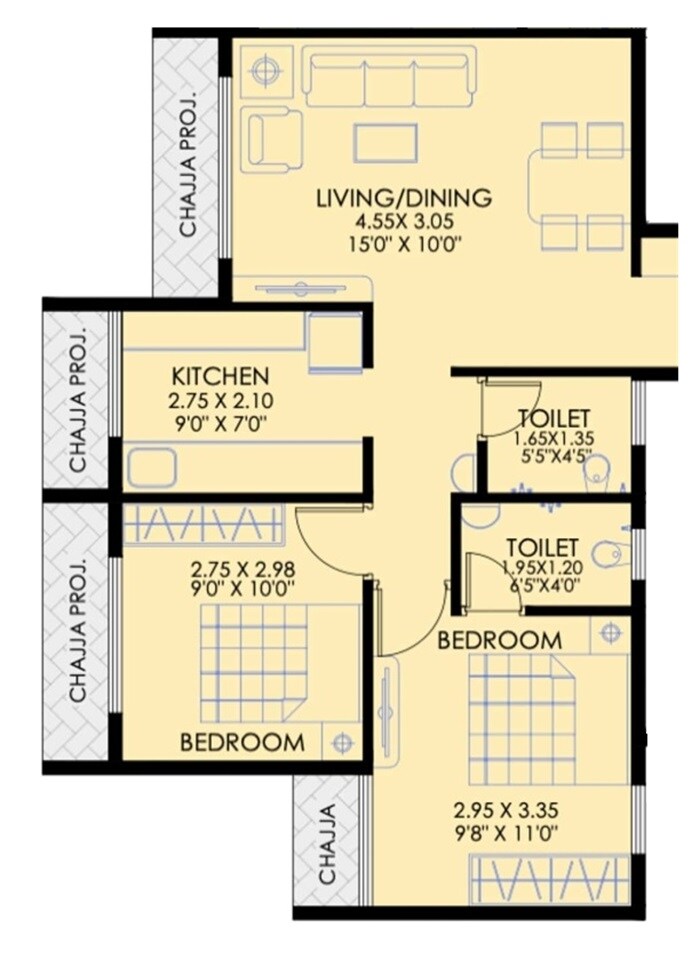 Floor plan of 2 BHK 538 Sq. Ft. Apartment in Chamunda Sai Vivant, Navi Mumbai