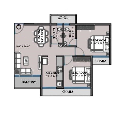 Floor plan of 2 BHK 530 Sq. Ft. Apartment in Chamunda Sky Line, Navi Mumbai