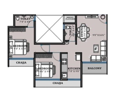 Floor plan of 2 BHK 551 Sq. Ft. Apartment in Chamunda Sky Line, Navi Mumbai