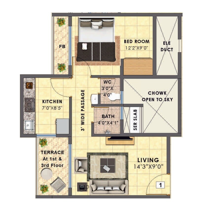 Floor plan of 1 BHK 309 Sq. Ft. Apartment in Choice Ambe Deep, Navi Mumbai