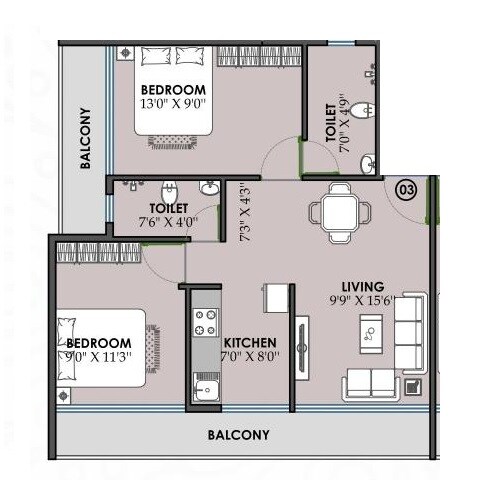 Floor plan of 2 BHK 534 Sq. Ft. Apartment in City Avenue Navi Mumbai, Navi Mumbai
