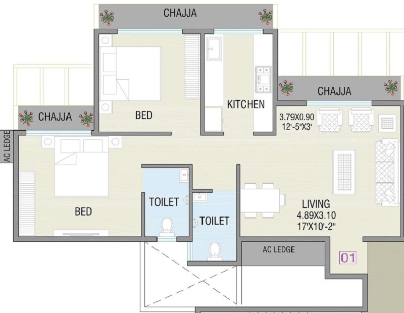 Floor plan of 2 BHK 628 Sq. Ft. Apartment in City Century Two, Navi Mumbai