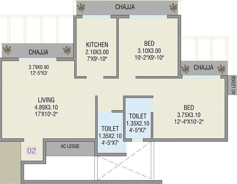 Floor plan of 2 BHK 665 Sq. Ft. Apartment in City Century Two, Navi Mumbai