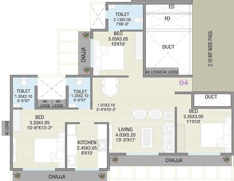 Floor plan of 3 BHK 852 Sq. Ft. Apartment in City Century Two, Navi Mumbai
