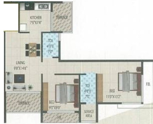 Floor plan of 2 BHK 405 Sq. Ft. Apartment in City Heights Mumbai, Navi Mumbai