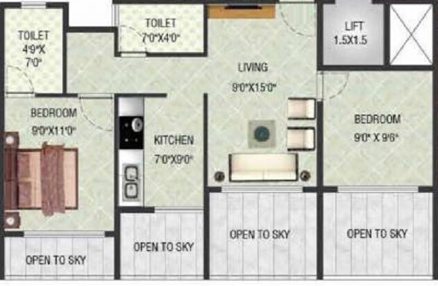 Floor plan of 2 BHK 472 Sq. Ft. Apartment in Classic Central Plaza, Navi Mumbai