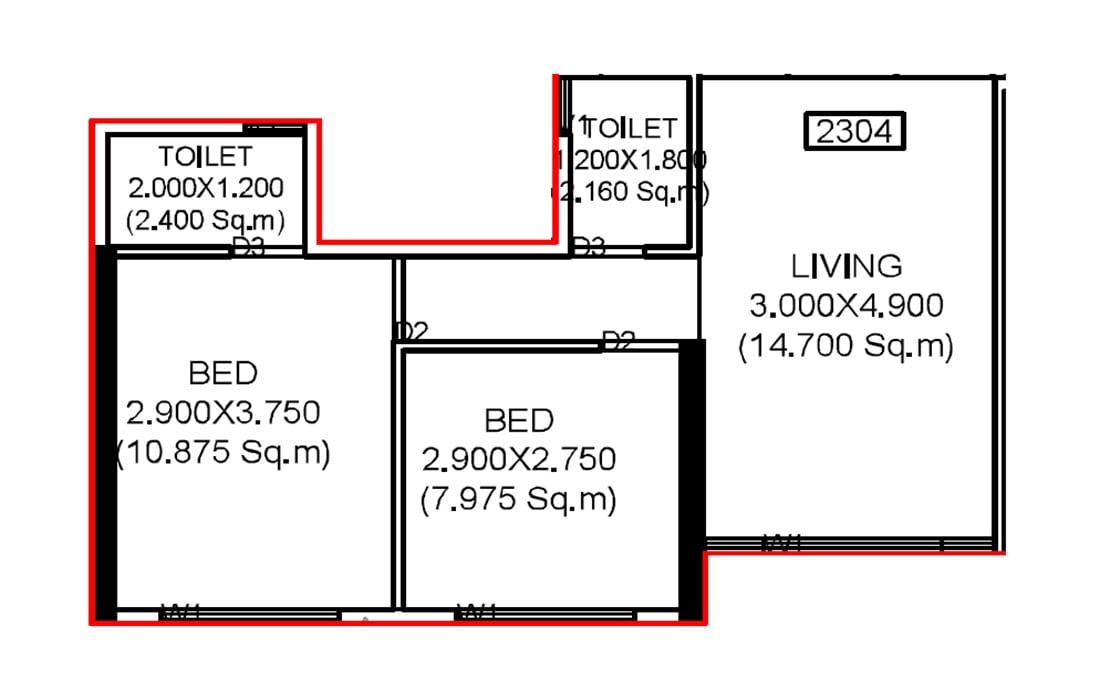Floor plan of 2 BHK Apartment - 520 sq. ft. in Crystal Mahadev Century, Navi Mumbai