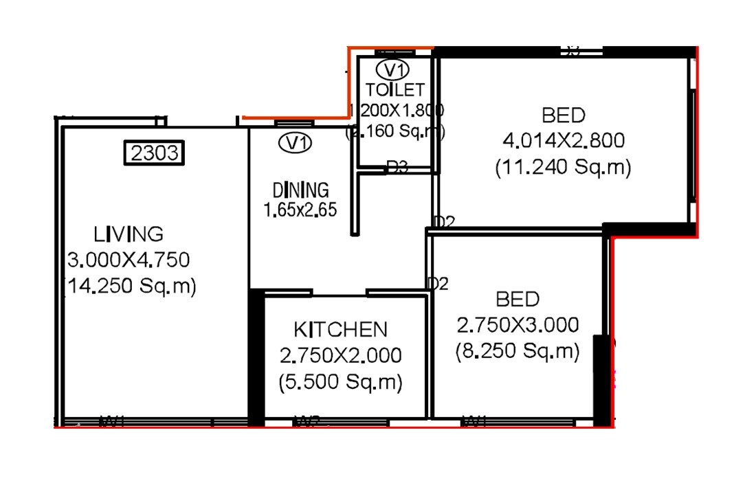 Floor plan of 2 BHK Apartment - 581 sq. ft. in Crystal Mahadev Century, Navi Mumbai