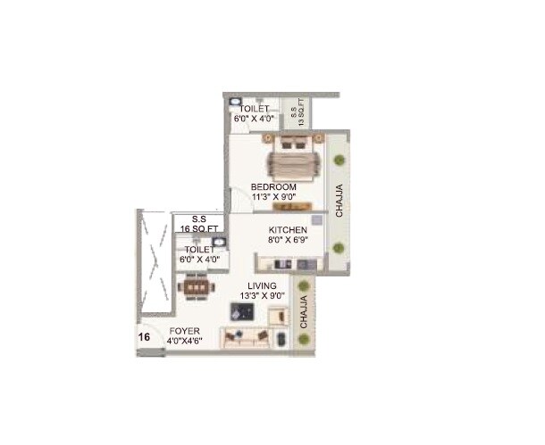 Floor plan of 1 BHK 362 Sq. Ft. Apartment in Dani Sky, Navi Mumbai