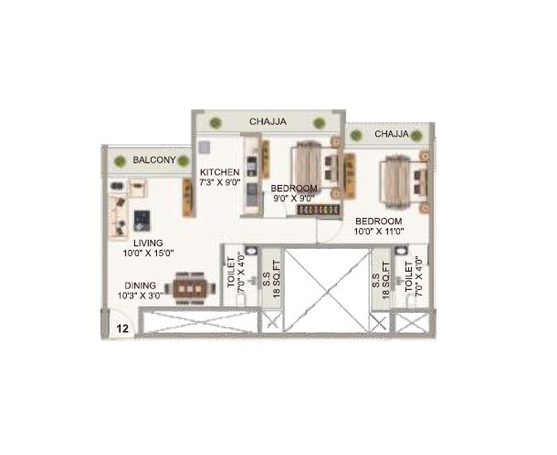 Floor plan of 2 BHK 513 Sq. Ft. Apartment in Dani Sky, Navi Mumbai