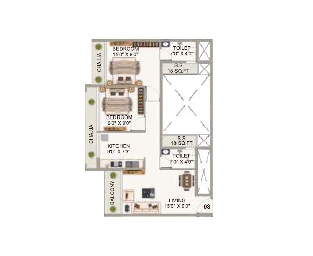 Floor plan of 2 BHK 557 Sq. Ft. Apartment in Dani Sky, Navi Mumbai