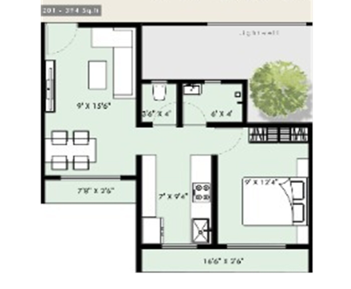Floor plan of 1 BHK 373 Sq. Ft. Apartment in Darshan Orchid, Navi Mumbai