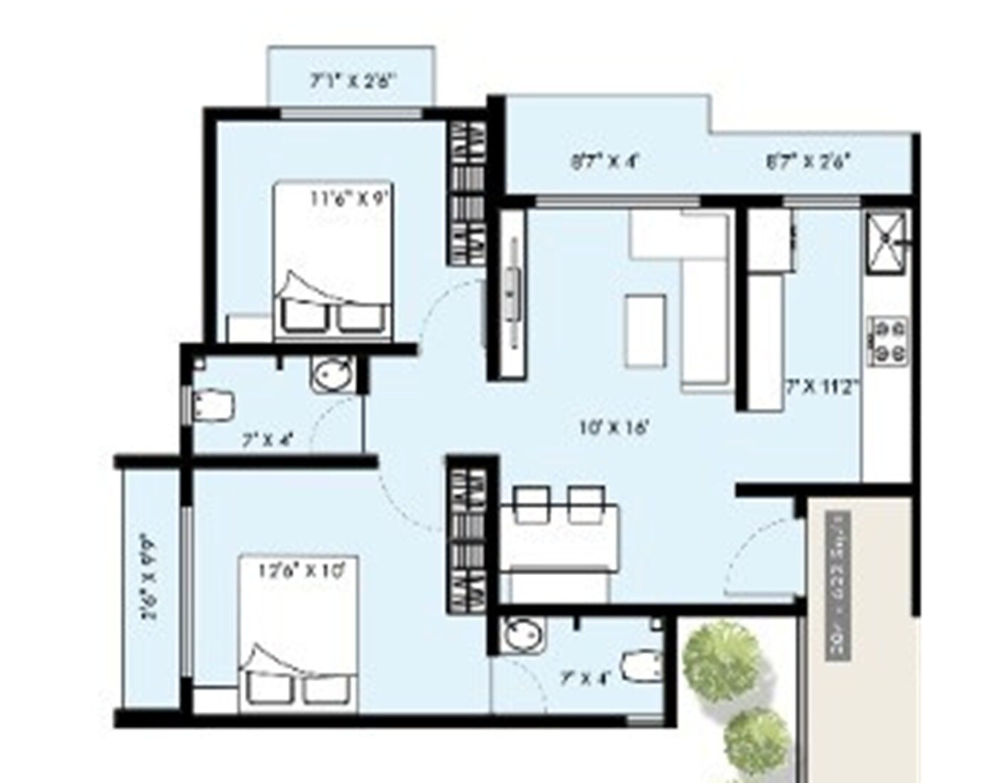 2 BHK 730 Sq. Ft. Apartment