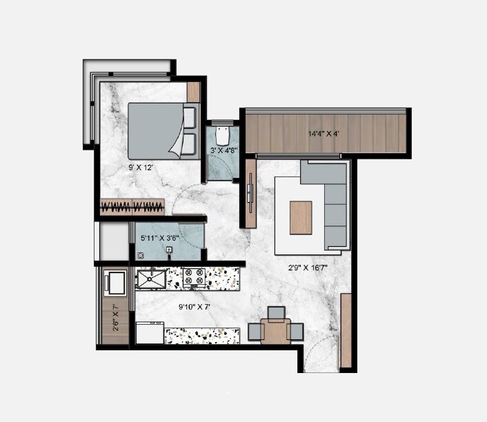Floor plan of 1 BHK 419 Sq. Ft. Apartment in Darshan Orion Plus, Navi Mumbai