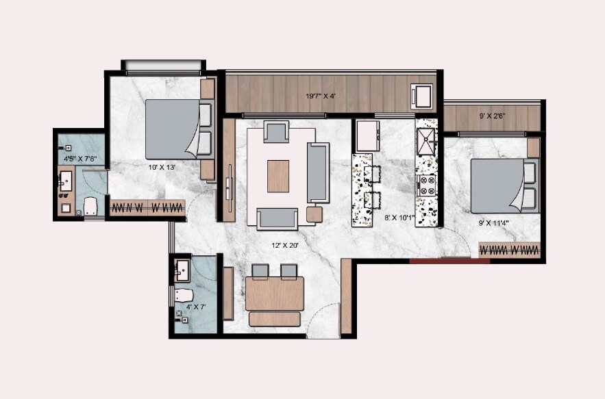 Floor plan of 2 BHK 675 Sq. Ft. Apartment in Darshan Orion Plus, Navi Mumbai