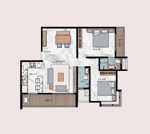 Floor plan of 2 BHK 691 Sq. Ft. Apartment in Darshan Orion Plus, Navi Mumbai