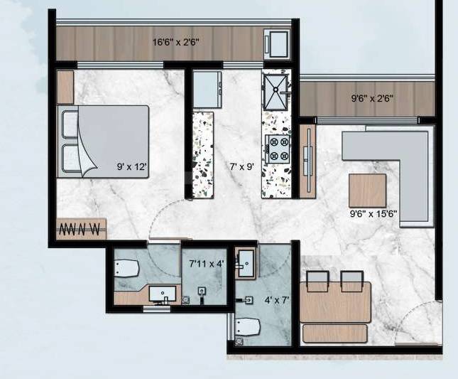 Floor plan of 1 BHK 422 Sq. Ft. Apartment in Darshan Parkside, Navi Mumbai