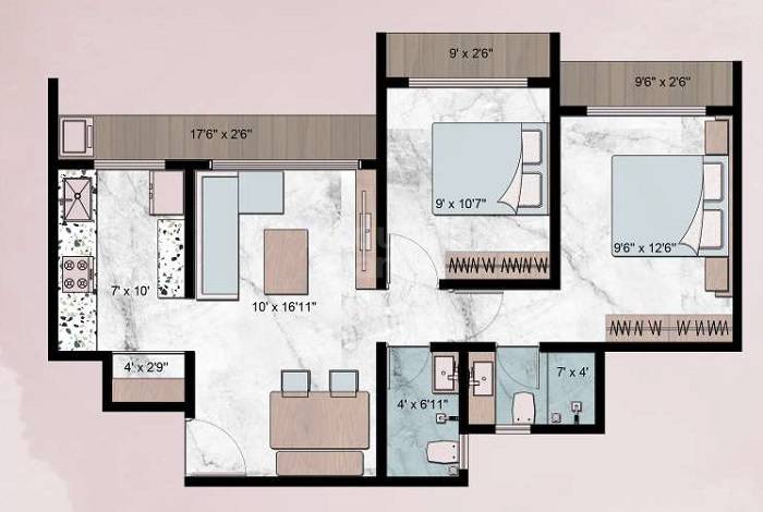Floor plan of 2 BHK 517 Sq. Ft. Apartment in Darshan Parkside, Navi Mumbai
