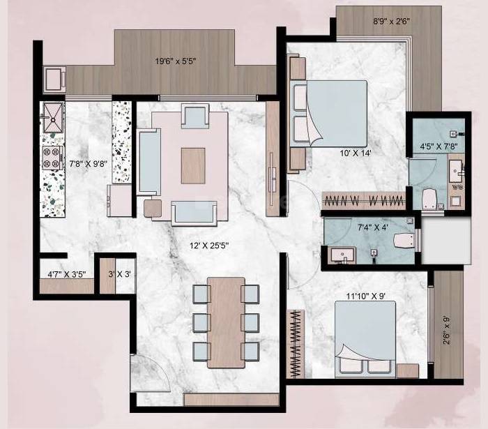 Floor plan of 2 BHK 839 Sq. Ft. Apartment in Darshan Parkside, Navi Mumbai