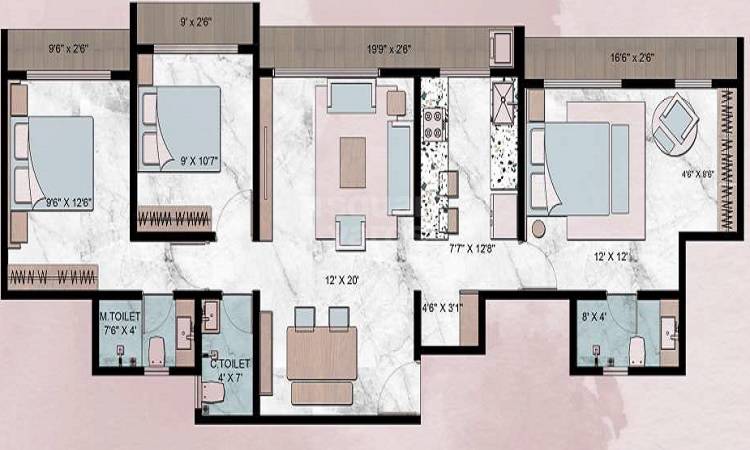 Floor plan of 3 BHK 873 Sq. Ft. Apartment in Darshan Parkside, Navi Mumbai