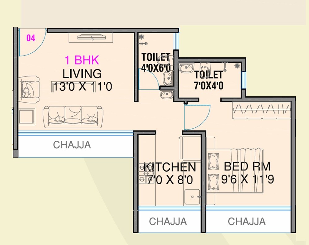 Floor plan of 1 BHK 391 Sq. Ft. Apartment in DDSR Heights, Navi Mumbai