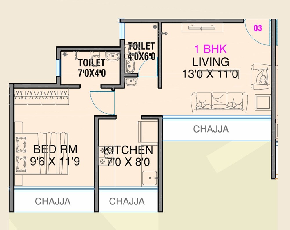 Floor plan of 1 BHK 421 Sq. Ft. Apartment in DDSR Heights, Navi Mumbai