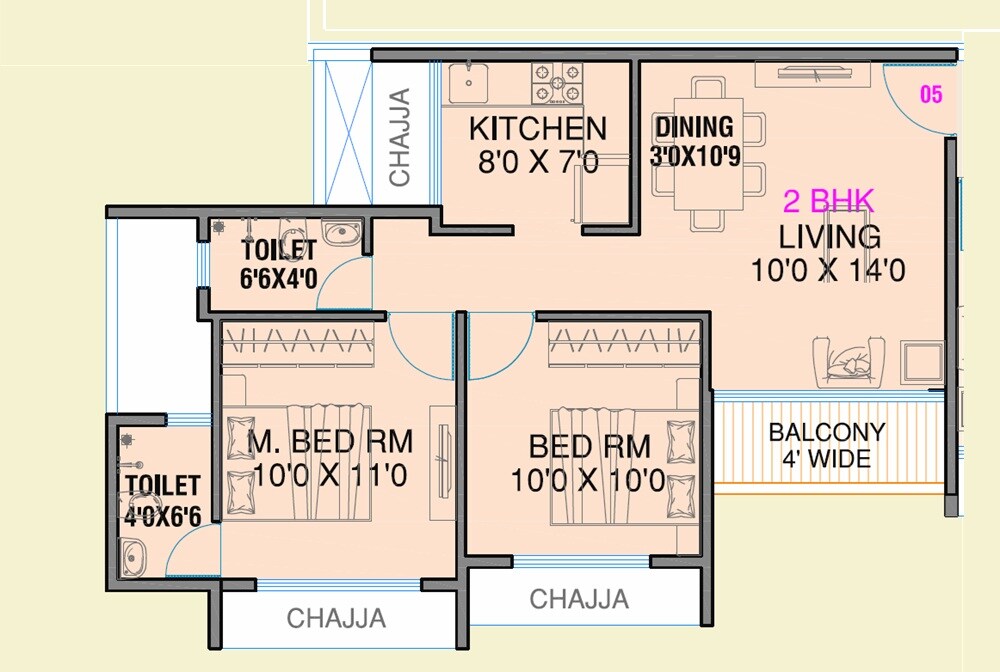 Floor plan of 2 BHK 550 Sq. Ft. Apartment in DDSR Heights, Navi Mumbai
