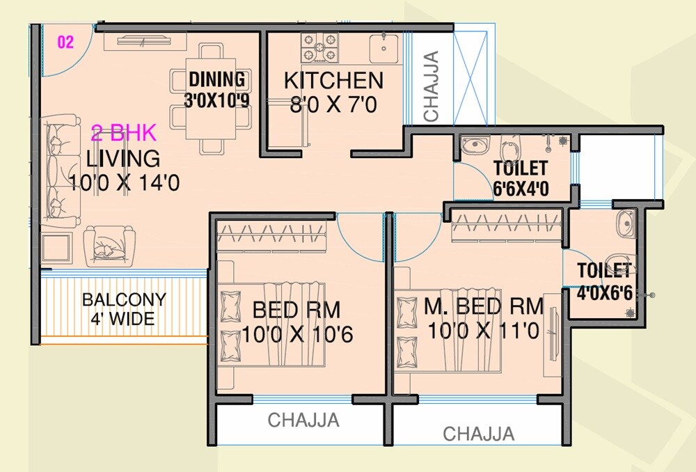 Floor plan of 2 BHK 603 Sq. Ft. Apartment in DDSR Heights, Navi Mumbai