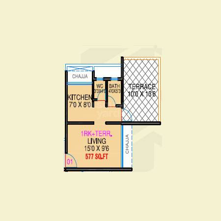 Floor plan of 1 BHK 398 Sq. Ft. Apartment in DDSR Satvic, Navi Mumbai