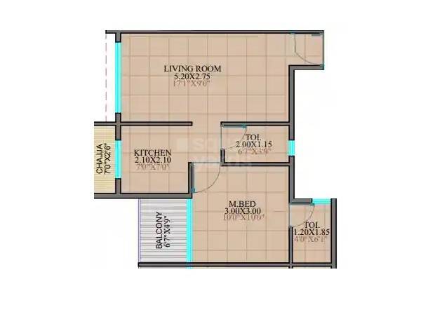 Floor plan of 1 BHK 568 Sq. Ft. Apartment in Dedrani Sky Park, Navi Mumbai