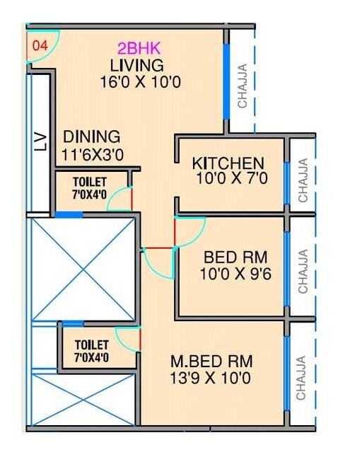 Floor plan of 2 BHK 690 Sq. Ft. Apartment in Delta Greens, Navi Mumbai