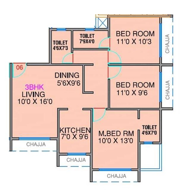 Floor plan of 3 BHK 814 Sq. Ft. Apartment in Delta Greens, Navi Mumbai