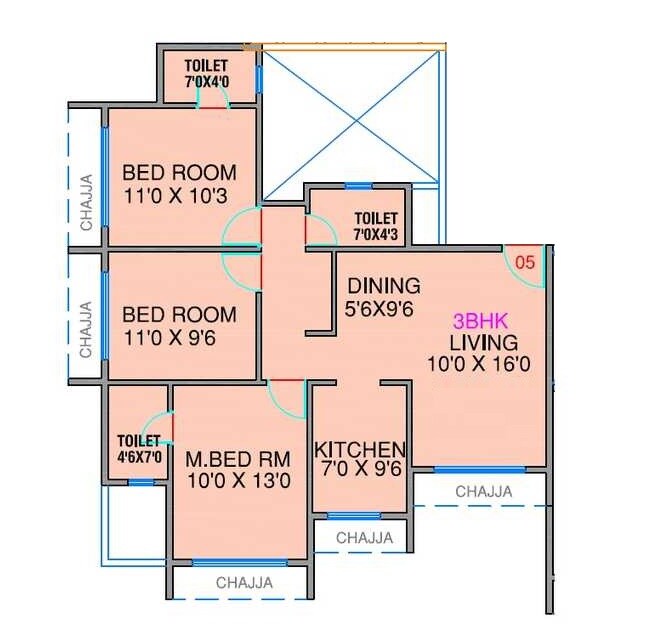 Floor plan of 3 BHK 910 Sq. Ft. Apartment in Delta Greens, Navi Mumbai