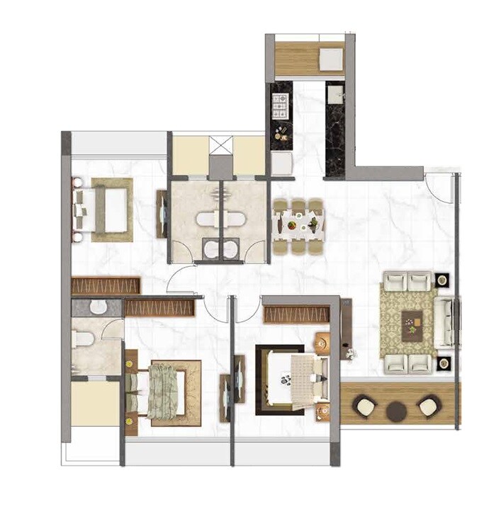 Floor plan of 3 BHK 1053 Sq. Ft. Apartment in Delta Icon, Navi Mumbai