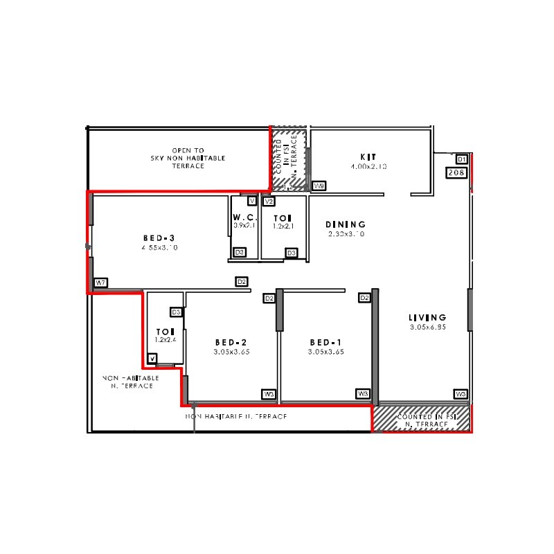Floor plan of 3 BHK 970 Sq. Ft. Apartment in Delta Signature, Navi Mumbai
