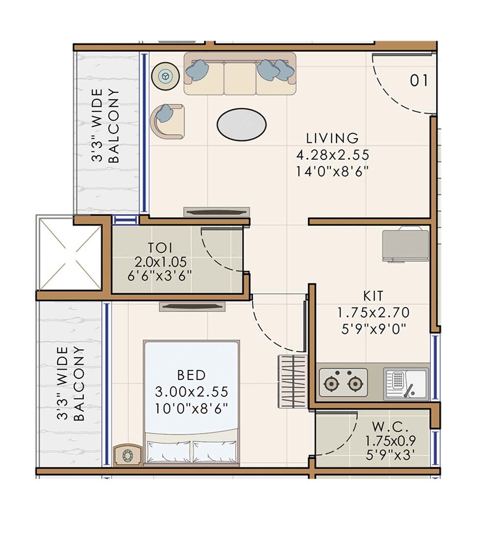 Floor plan of 1 BHK 352 Sq. Ft. Apartment in Destiny Royal Residency, Navi Mumbai