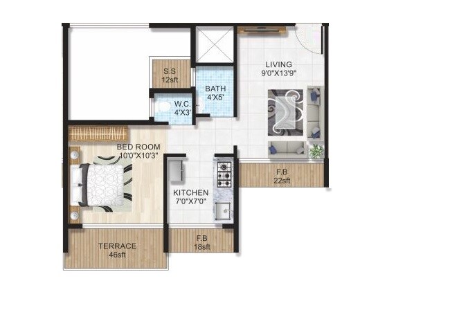 Floor plan of 1 BHK 237 Sq. Ft. Apartment in Dev Sai Garden, Navi Mumbai
